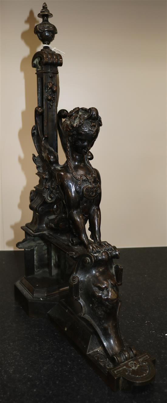 A pair of 18th century bronze andirons, H.22in.